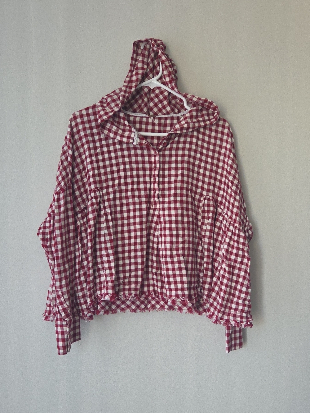 Free People Red Gingham Button Hoodie Top - Picture 2 of 5